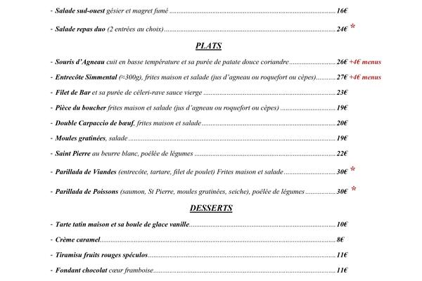 Tarif Menu à l'ardoise 