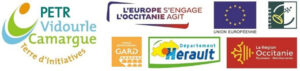 Logos de la région Occitanie, de l'Union européenne, des départements du Gard et de l'Hérault et le logo de PETR Vidourle Camargue